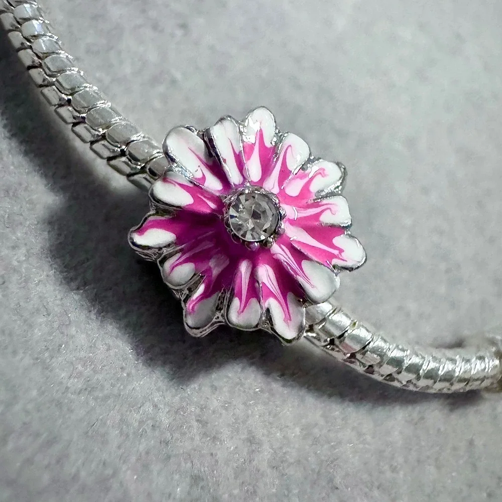 Pink White Enamel Flower Bead Charm fits‎ PANDORA